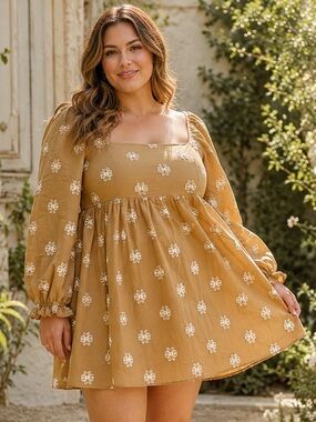 Storia Women's Size XL Tan Embroidered Floral Puff Sleeve Babydoll Dress